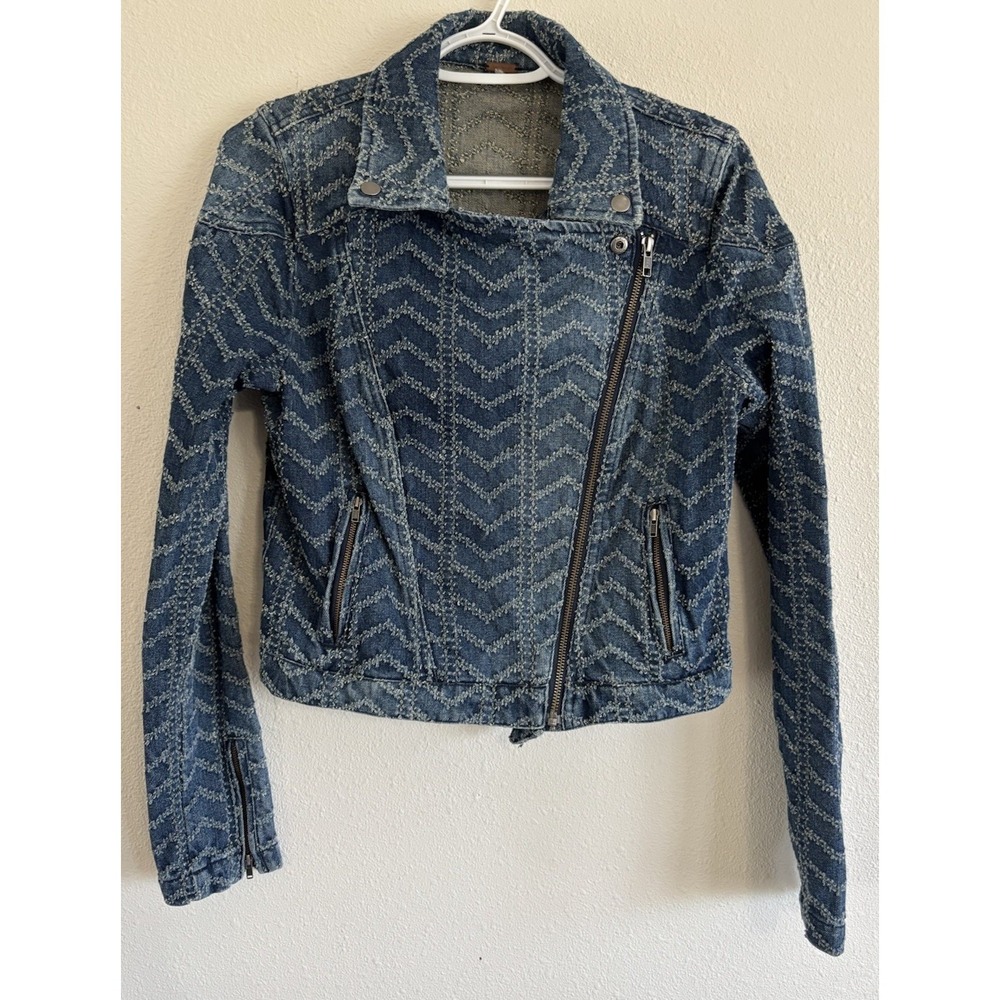Free People Denim Moto Jacket Chevron Textured Zip Cropped S? See Description